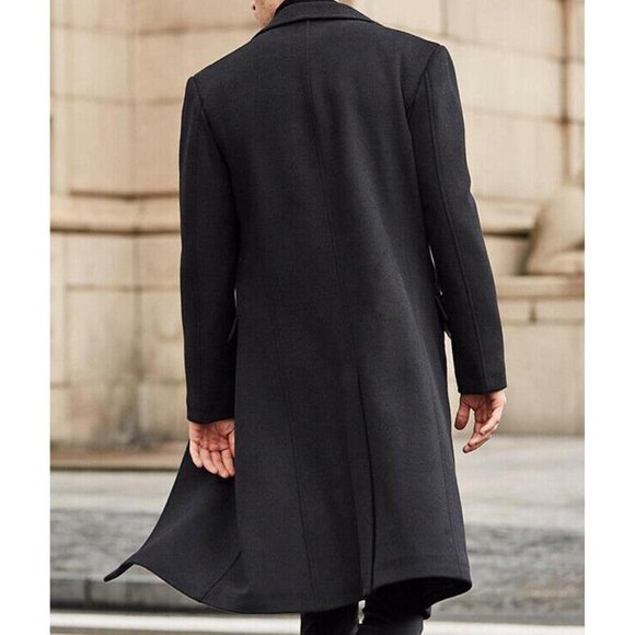 Men's Black Slim Fit Notched Collar Long Casual Trench Coat with Pocket - Picture 4 of 6